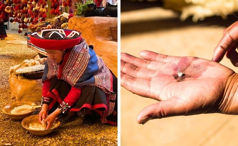 A Chinchero artisan demonstrates each stage of the dyeing process—washing, spinning, and drying alpaca wool. Tools, yarns, and Andean textiles surround her in a sunny workshop.