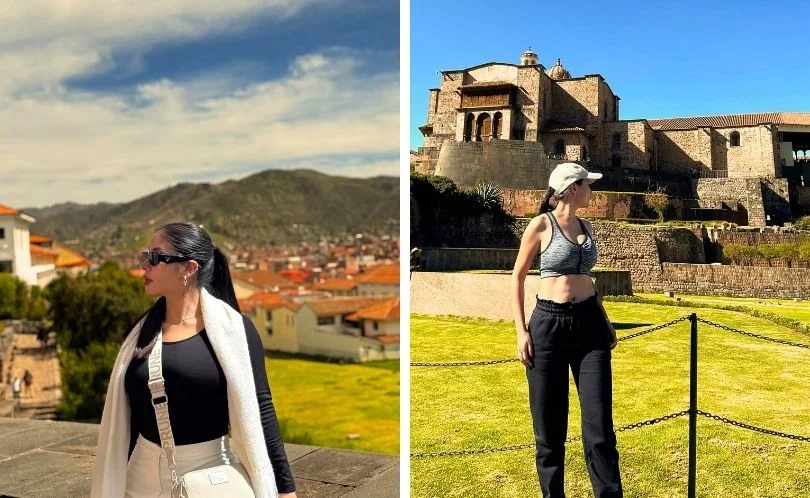 Travelers in casual clothing photograph Qoricancha’s finely carved Inca stone walls and colonial arches in Cusco, with bright sun, blue sky, and shaded cobblestone walkway.