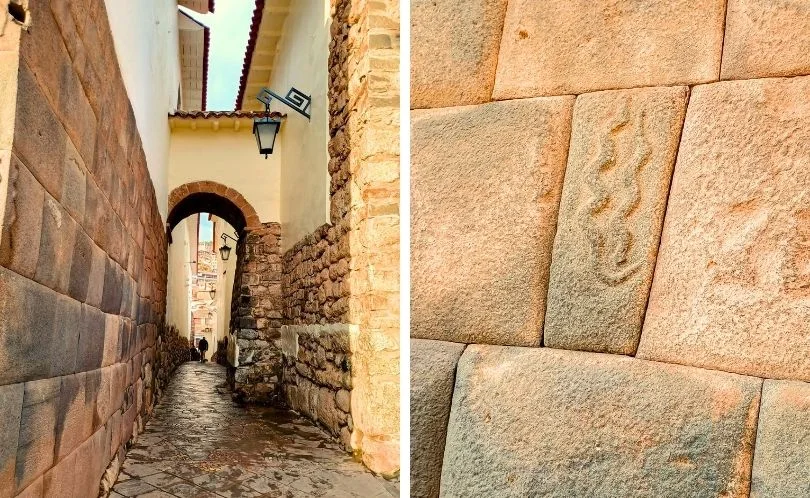 Colonial cobblestone streets in Cusco's historic center showing traditional white adobe walls with red tile roofs and wooden balconies, representing the numbered streets tradition including Calle Siete Borreguitos and Siete Culebritas in Peru.