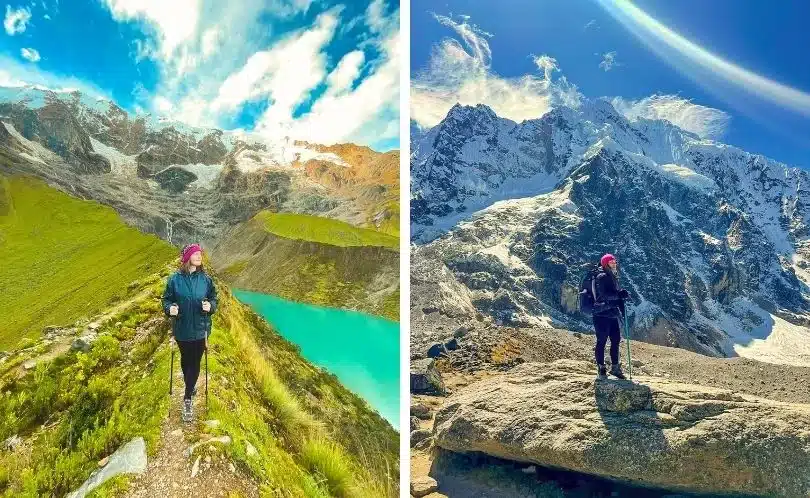 Female trekkers on Salkantay Trek wearing winter gear near glacier peaks, with blue sky, rocky trails, and stunning mountain landscapes of Cusco.