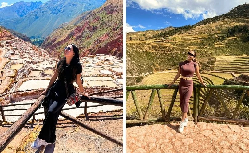 Tourists with daypacks photograph terraces and Andean peaks in the Sacred Valley near Cusco under clear skies, capturing Inca ruins, riverside fields, and village rooftops.
