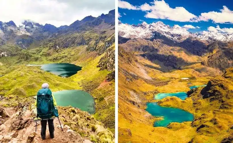 Group of trekkers walking in the Sacred Valley of Cusco surrounded by Andean peaks, terraced hillsides, and rural villages under bright sunlight.