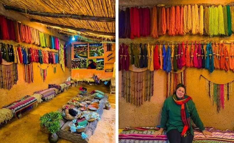 An artisan in Chinchero, Cusco, prepares natural dyes using plants, flowers, and roots. Bowls filled with colorful pigments show the traditional Andean dyeing process.