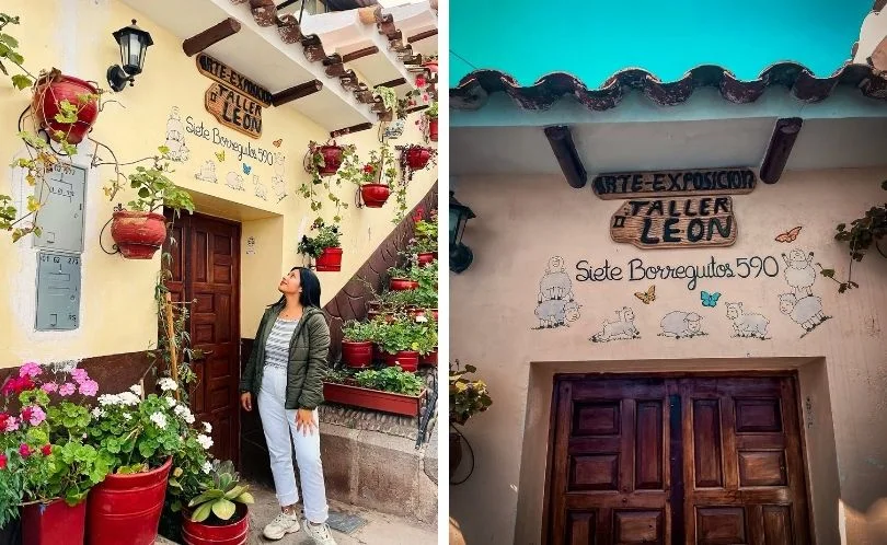 Visitors exploring artisan workshops and small galleries along Calle Siete Borreguitos in Cusco, with traditional colonial buildings, wooden balconies, and local craft shops showcasing Peruvian cultural heritage in the historic center.