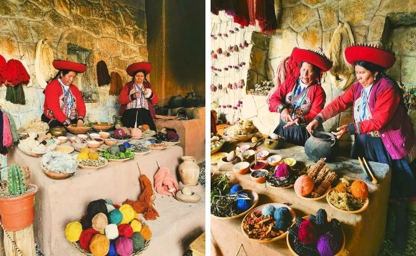 An artisan in Chinchero demonstrates the natural dyeing process using plants, roots, and minerals. Each color reflects symbolic meaning in the Andean worldview.