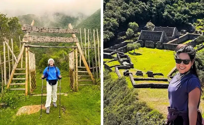 Travelers hiking through Choquequirao Trail surrounded by lush vegetation, Andean mountains, and tropical forest atmosphere in southern Peru.