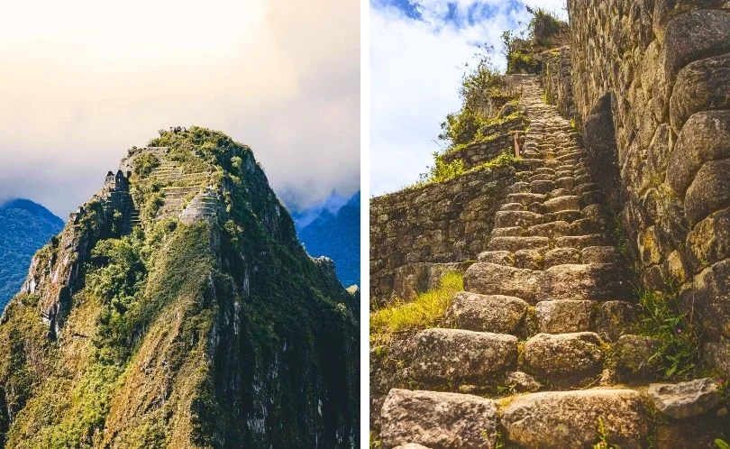 Travelers climb narrow rock stairs on Huayna Picchu above the Urubamba River, Machu Picchu, Cusco. Wet steps, cables, and misty clouds demand careful footing during the rainy months.