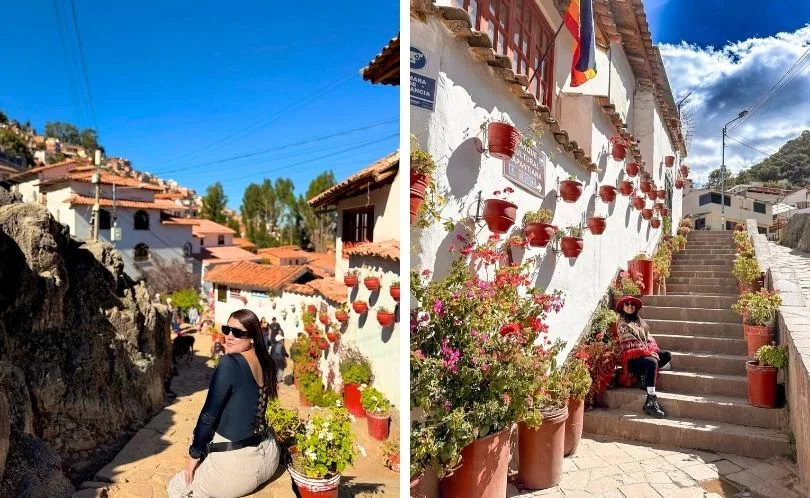 Calle Siete Borreguitos in Cusco decorated with colorful flowerpots and hanging plants on white colonial walls with wooden balconies, creating a vibrant atmosphere along the narrow cobblestone stairway near Plaza de Armas.