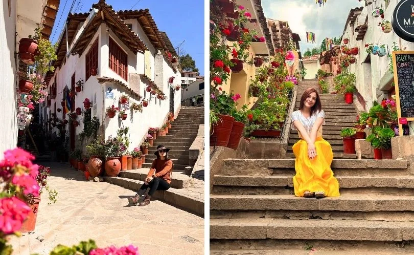 Tourists taking photos on both sides of Calle Siete Borreguitos street in Cusco, capturing the carved wooden balconies, white walls, and artisan workshops with colonial architecture details perfect for Instagram photography near San Cristóbal viewpoint.
