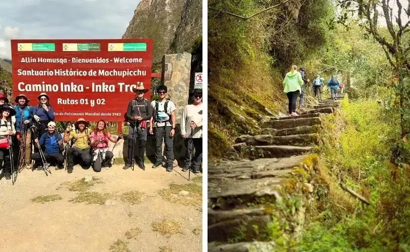 Group of hikers walking stone steps of the Classic Inca Trail toward Machu Picchu, surrounded by mountains, ancient ruins, and morning mist.