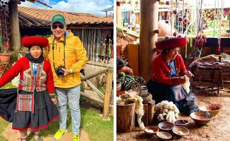 A woman weaver in traditional Andean clothing demonstrates textile techniques using natural dyes and looms in Chinchero, a cultural stop in the Sacred Valley near Cusco.