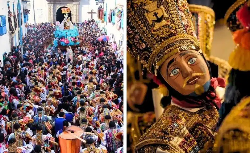 Dancers in bright costumes and masks perform traditional rituals during the Virgen del Carmen festival in Paucartambo, near Cusco, surrounded by music and devotion.