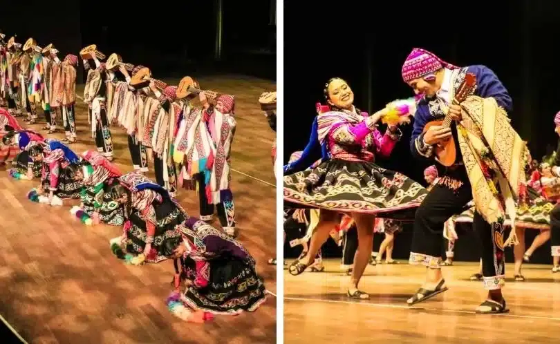 Costumed dancers and musicians celebrate the San Pablo Carnival in Canchis, Cusco, with vibrant masks, drums, and street crowds enjoying the Andean music and colors.
