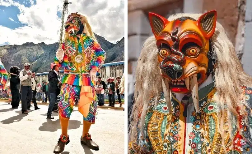 Dancers wearing devil masks and colorful costumes perform the Saqra dance on Cusco’s streets, representing good and evil forces in traditional Andean folklore.
