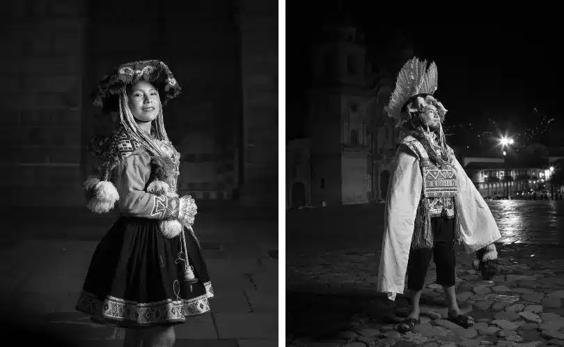 Performers in traditional Andean outfits dance in the streets of Cusco representing native animals and plants, surrounded by onlookers and blue skies in the Sacred Valley.