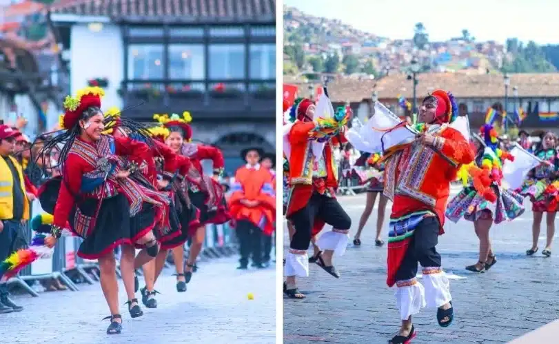 Traditional dancers in colorful Andean costumes perform during Cusco’s June festivals, celebrating culture, faith, and community traditions in the Peruvian Andes.