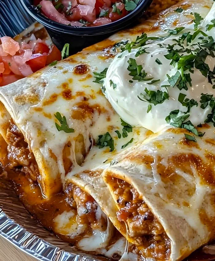 Enchiladas o burritos gratinados, cubiertos con abundante queso derretido y crema.