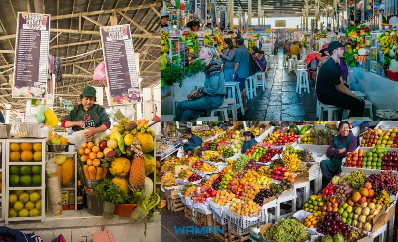 Collage of San Pedro Market showing fruit juice stands, colorful produce stalls, and shoppers inside the indoor market