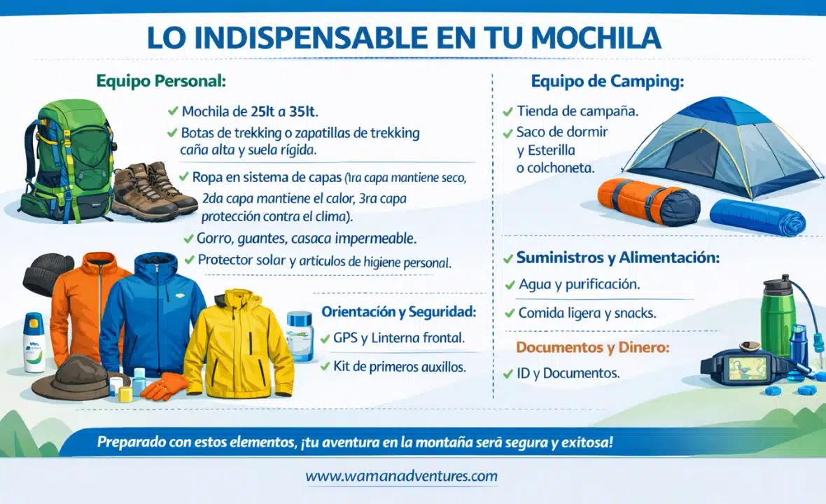 Infographic showing essential gear and supplies for mountain trekking