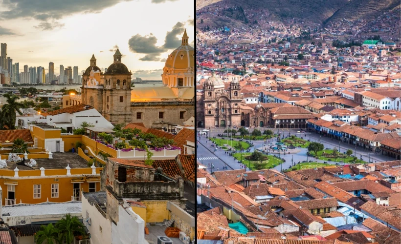 Split-image comparison of Cusco and Cartagena showing colonial architecture, rooftops, and historic city centers