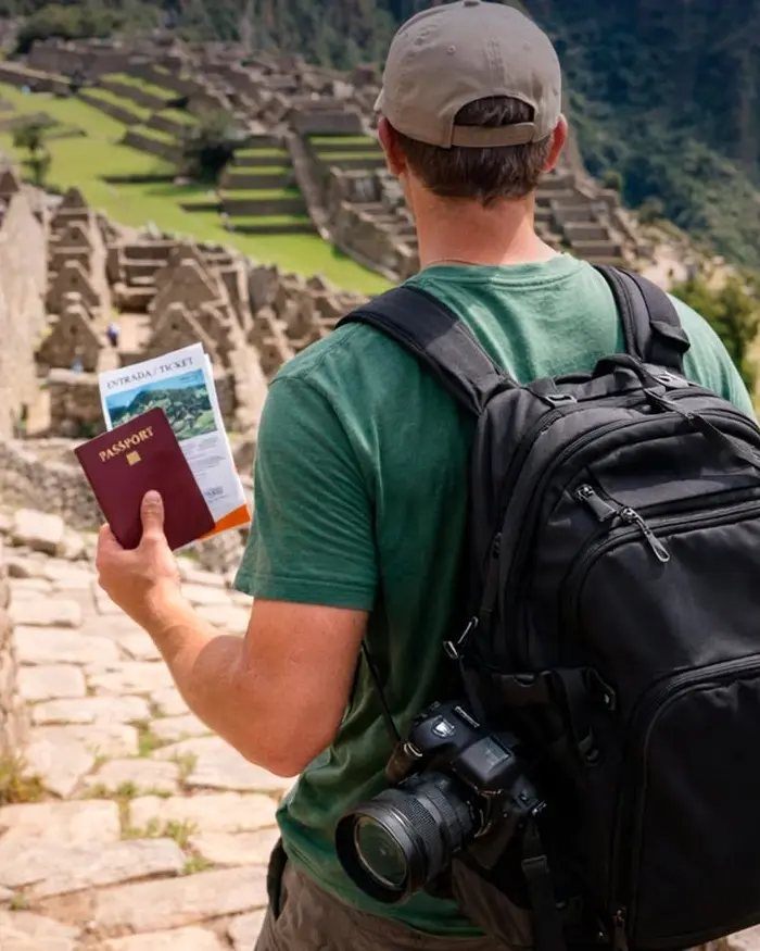 Un viajero observa Machu Picchu desde lo alto, llevando en la mano su pasaporte y entrada, listo para vivir una experiencia inolvidable.