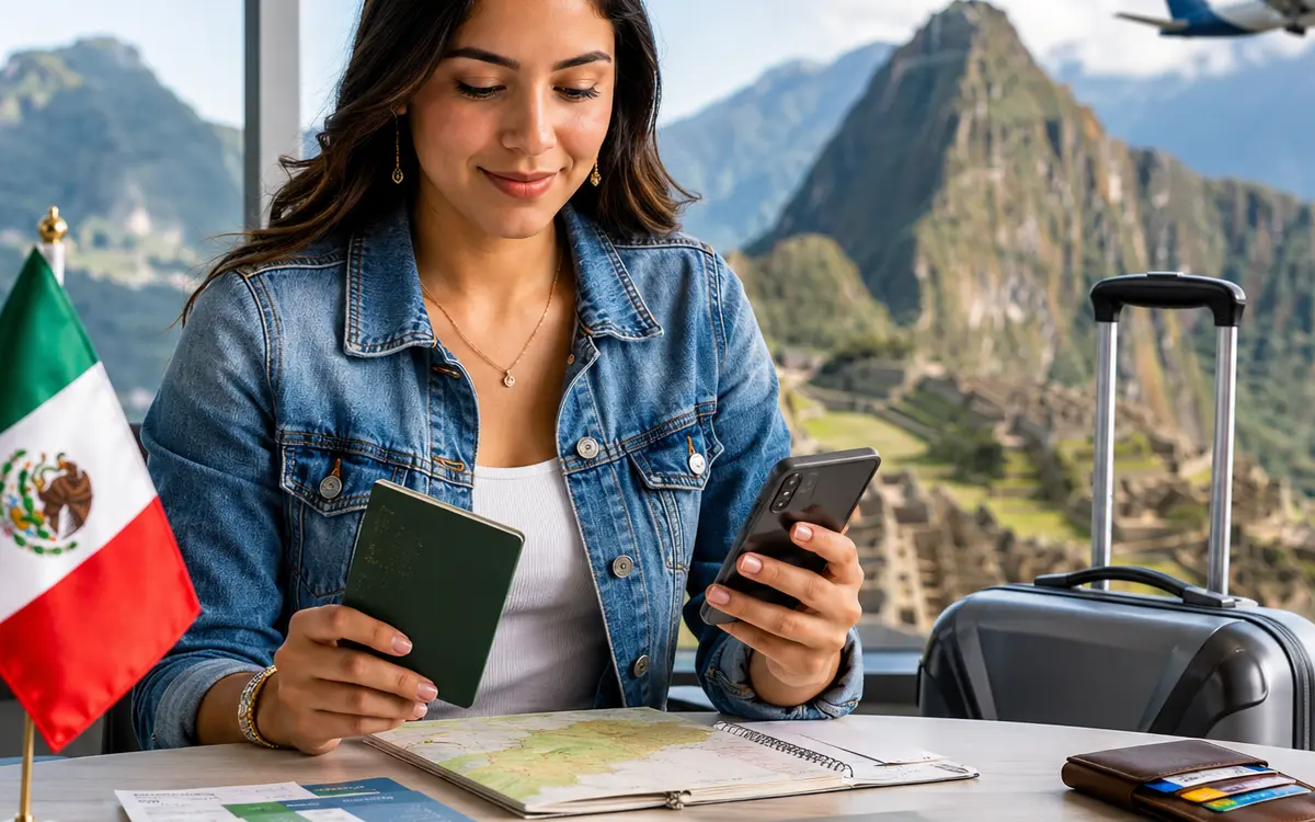 Viajar a Perú desde CDMX: Viajera revisa pasaporte y boletos antes de salir hacia Perú