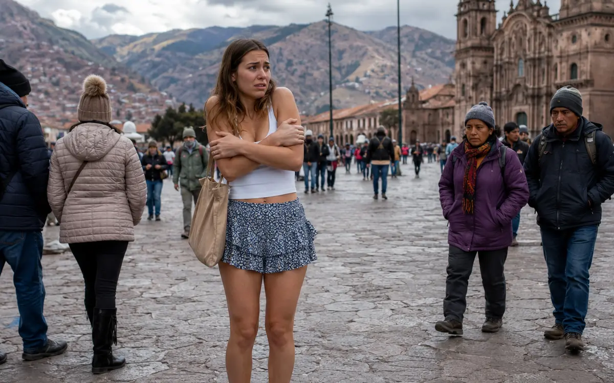 Turista preparada para cambios de clima durante una visita a Cusco