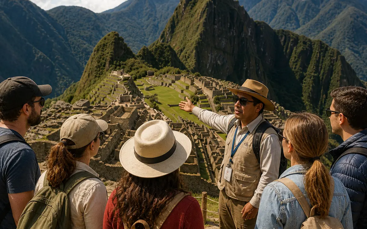 Guía local explicando un sitio arqueológico a un grupo de viajeros en Perú