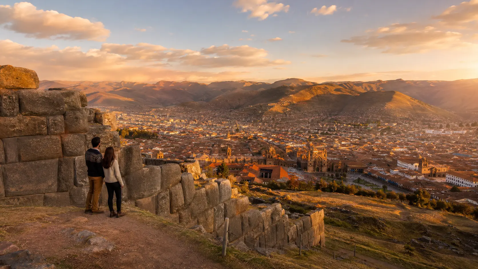Vista de Cusco al atardecer desde Sacsayhuamán, con muros incas, centro histórico y montañas andinas.
