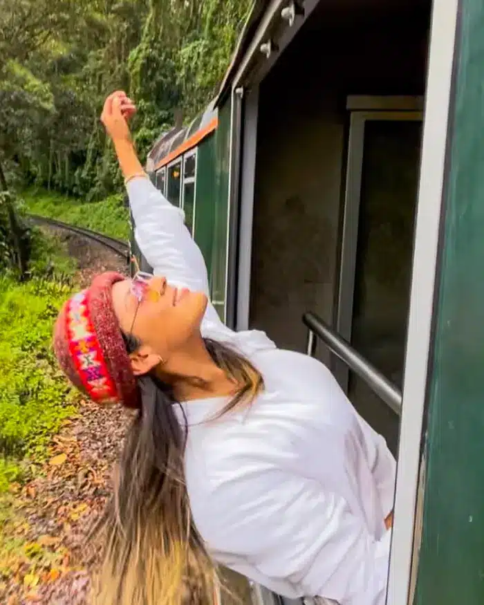 Tren avanzando entre montañas durante el trayecto hacia Machu Picchu