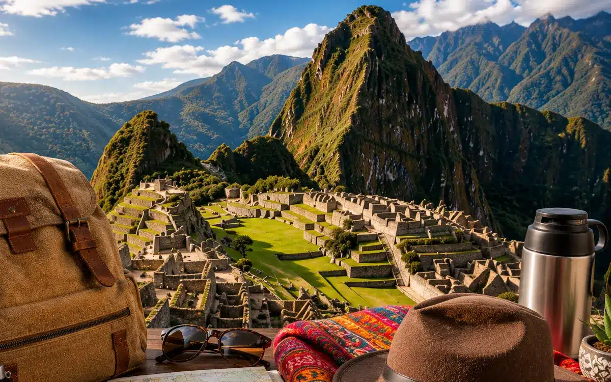 Mochila cámara y mapa para planificar un viaje a Machu Picchu