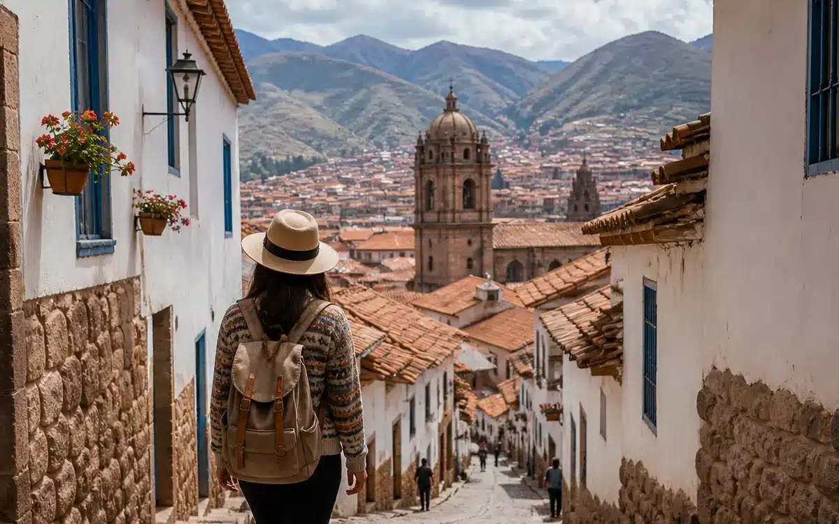 Viajera recorriendo por cuenta propia una calle del centro histórico de Cusco
