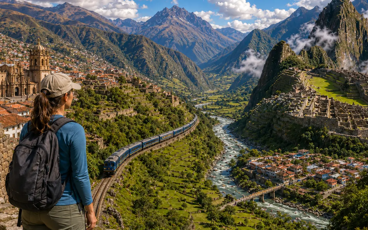 Viajera contempla un paisaje andino durante su recorrido hacia Machu Picchu