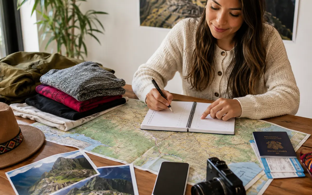 Viajera revisando un itinerario organizado antes de salir hacia Perú