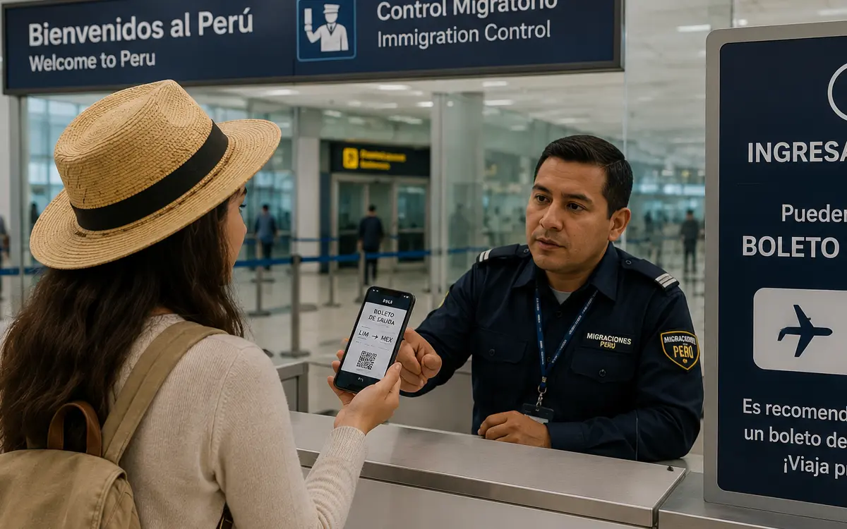 Viajera revisa un boleto de salida junto a su pasaporte y equipaje