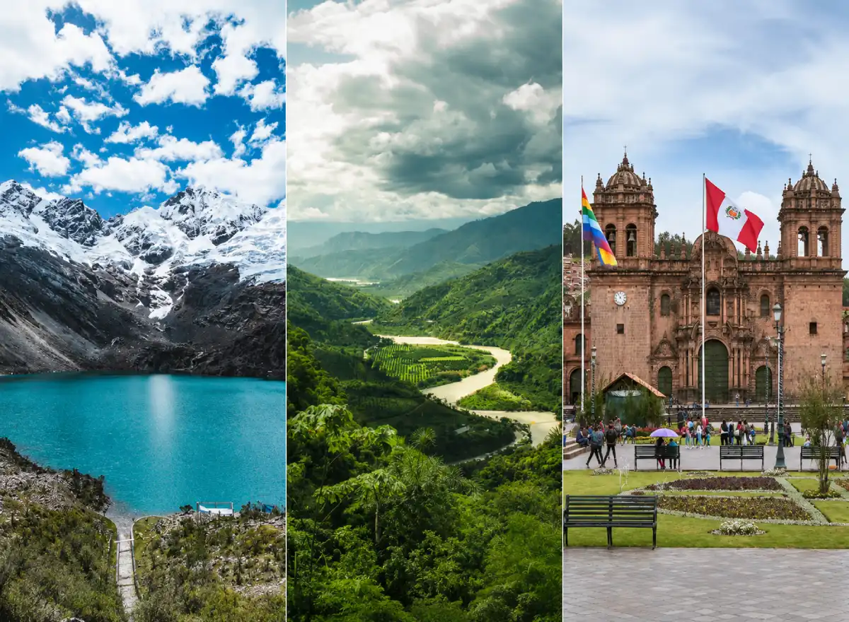 Montaje de Parque Nacional Huascarán, Parque Nacional Río Abiseo y Centro Histórico de Cusco, tres patrimonios del Perú declarados por la UNESCO.