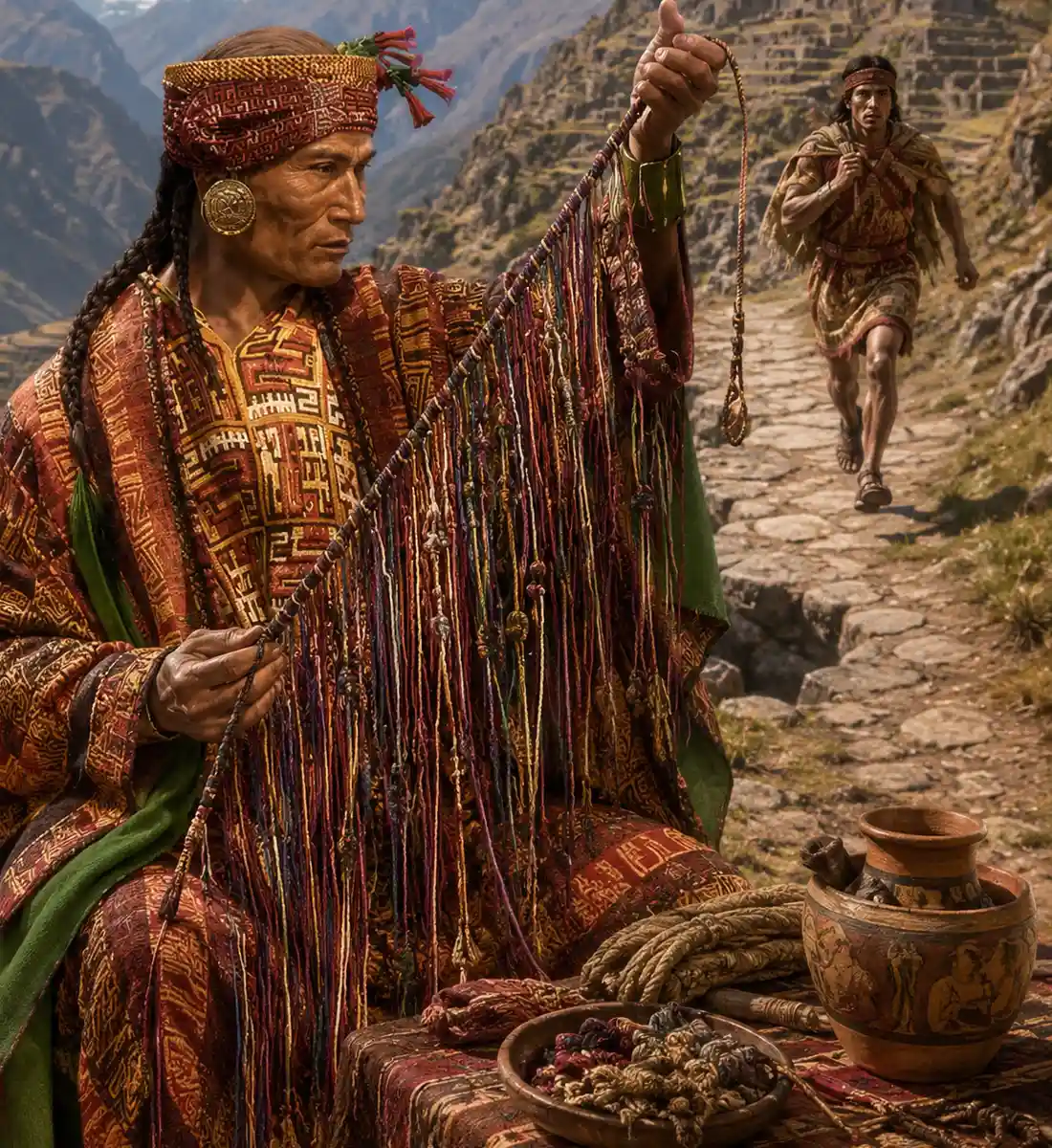 Representación de un quipucamayoc inca sosteniendo quipus en un camino andino con montañas al fondo.