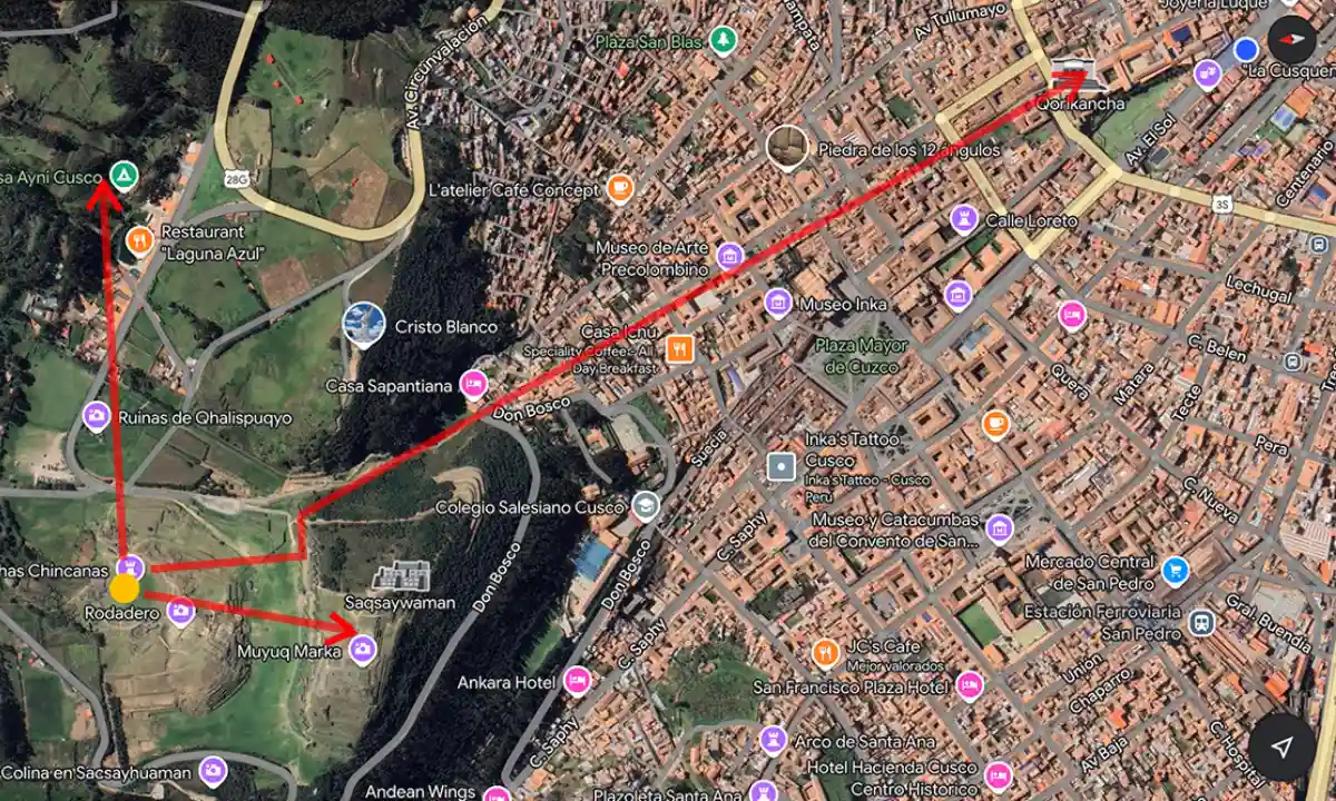Mapa con el recorrido subterráneo de las chinkanas que conectan Sacsayhuamán y el Qoricancha en Cusco.