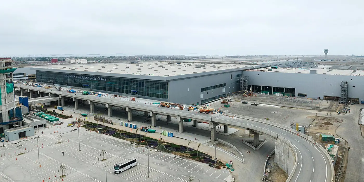 Vista panorámica del Aeropuerto Internacional Jorge Chávez en Lima, Perú, con el nuevo terminal, vías elevadas de acceso y zonas aeroportuarias en desarrollo.