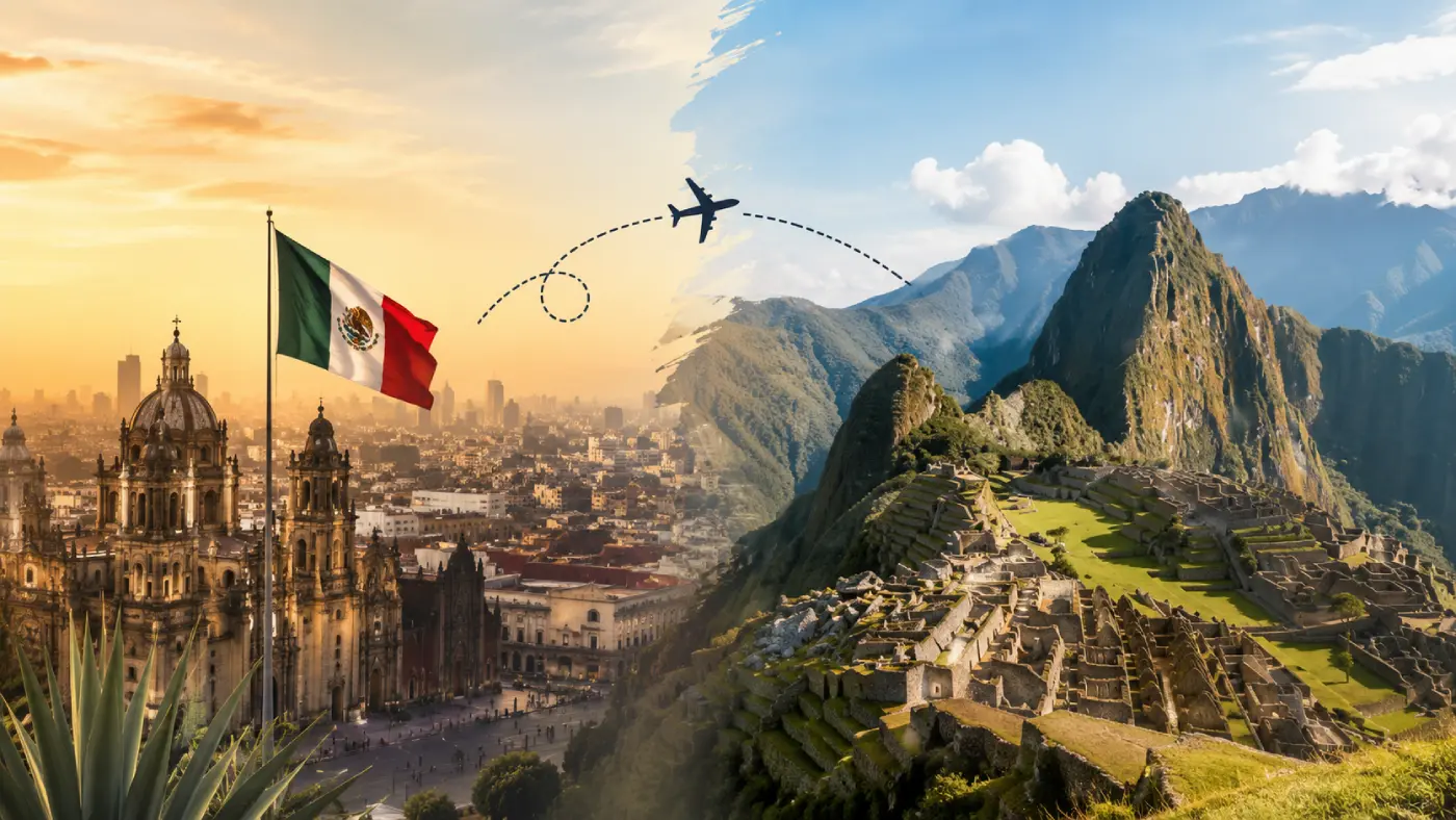 Miniatura sobre viajar a Perú desde México, con bandera mexicana, ruta aérea y Machu Picchu como destino principal.