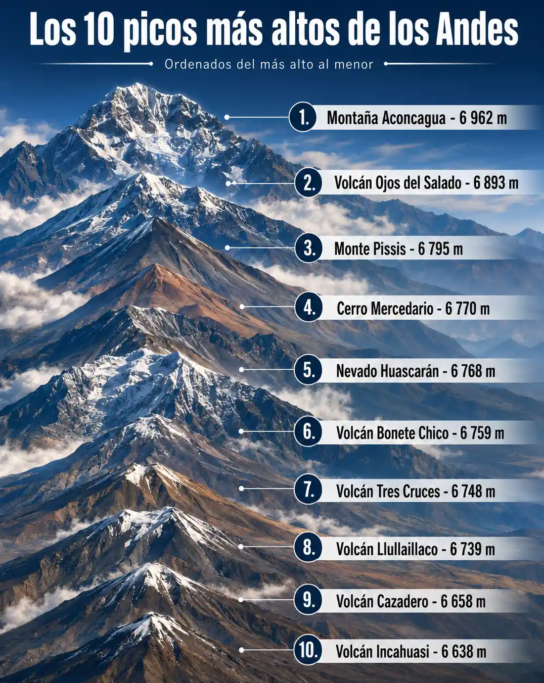 Infographic showing the 10 highest peaks in the Andes ranked by elevation, from Aconcagua to Incahuasi.