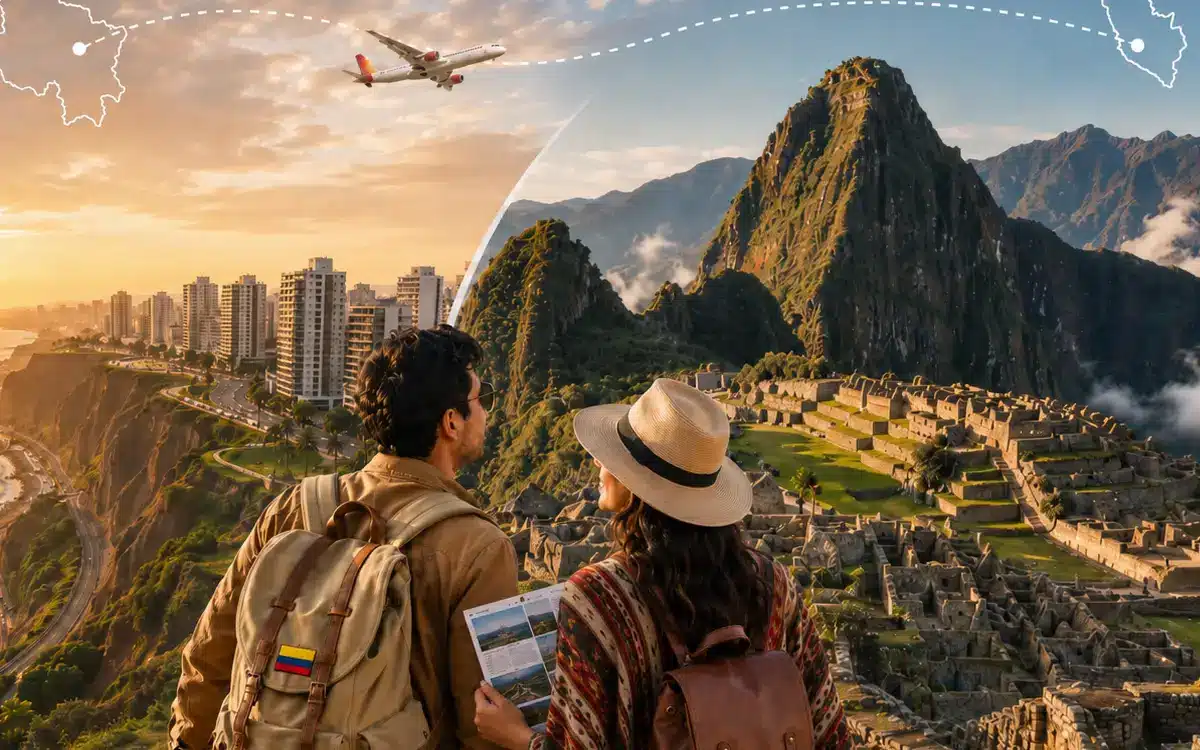 La imagen representa paquetes a Perú desde Colombia que combinan vuelos, equipaje y visitas a destinos como Lima y Machu Picchu.