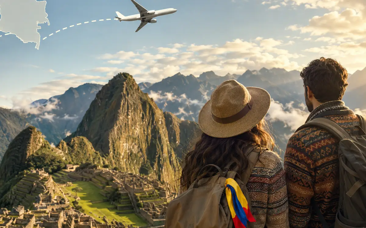 Se muestra a dos viajeros contemplando Machu Picchu desde un punto elevado, mientras un avión y una ruta gráfica representan el viaje desde Colombia hacia Perú.