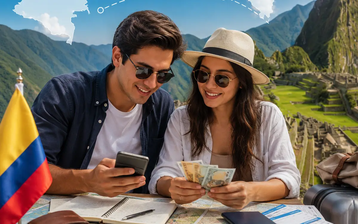 La fotografía muestra a dos viajeros calculando cuánto cuesta viajar a Perú desde Colombia, mientras preparan su presupuesto.