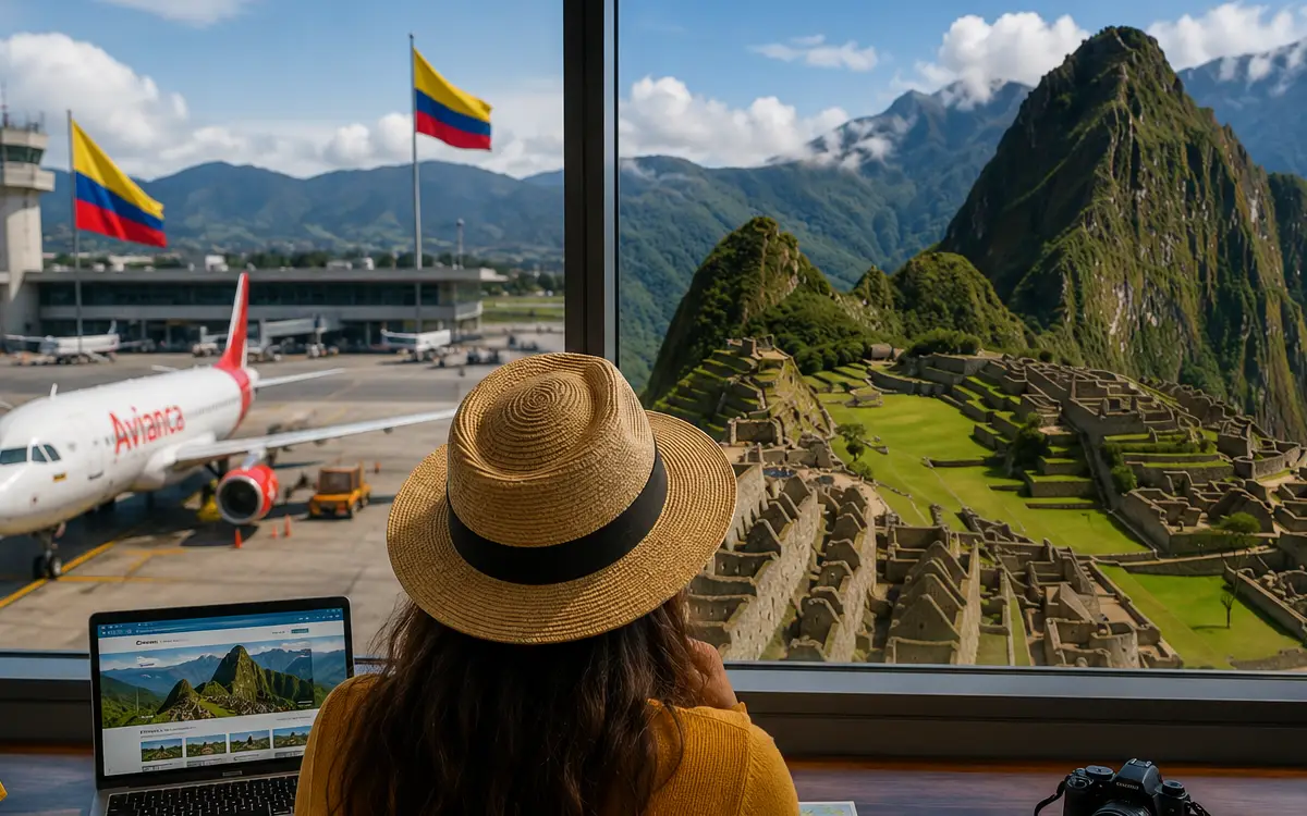 La viajera revisa mapas y opciones de transporte mientras planifica cómo llegar a Machu Picchu desde Colombia de forma organizada.
