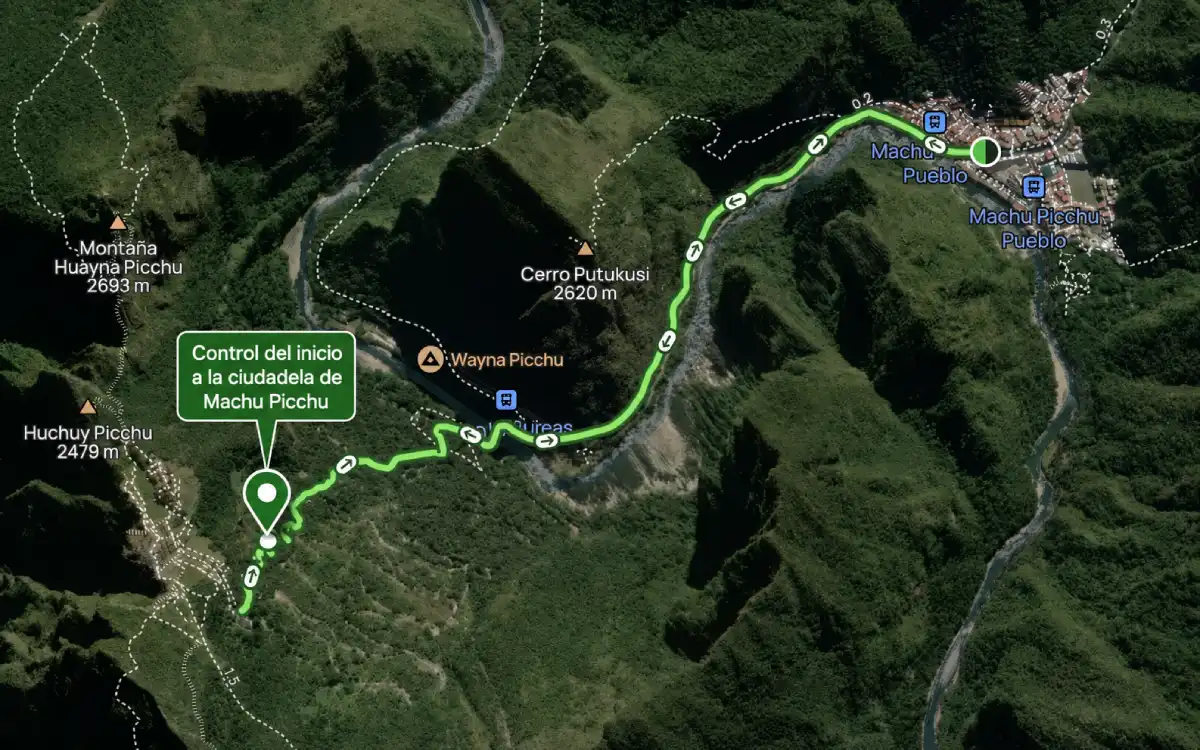 Mapa de la ruta peatonal desde Machu Picchu Pueblo hasta el control de inicio a la ciudadela de Machu Picchu.