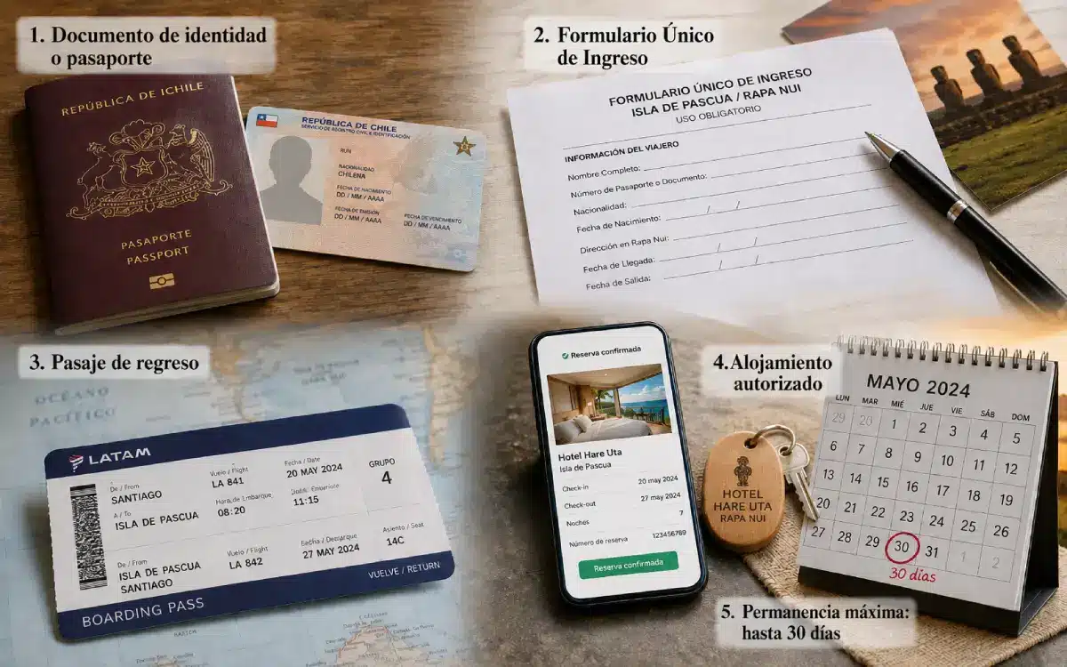Cinco requisitos para visitar la Isla de Pascua, con pasaporte, formulario de ingreso, pasaje de regreso, alojamiento autorizado y permanencia máxima.
