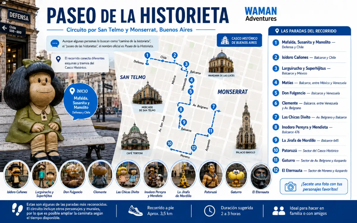 Infografía sobre cómo recorrer el Paseo de la Historieta en Buenos Aires, con mapa y personajes