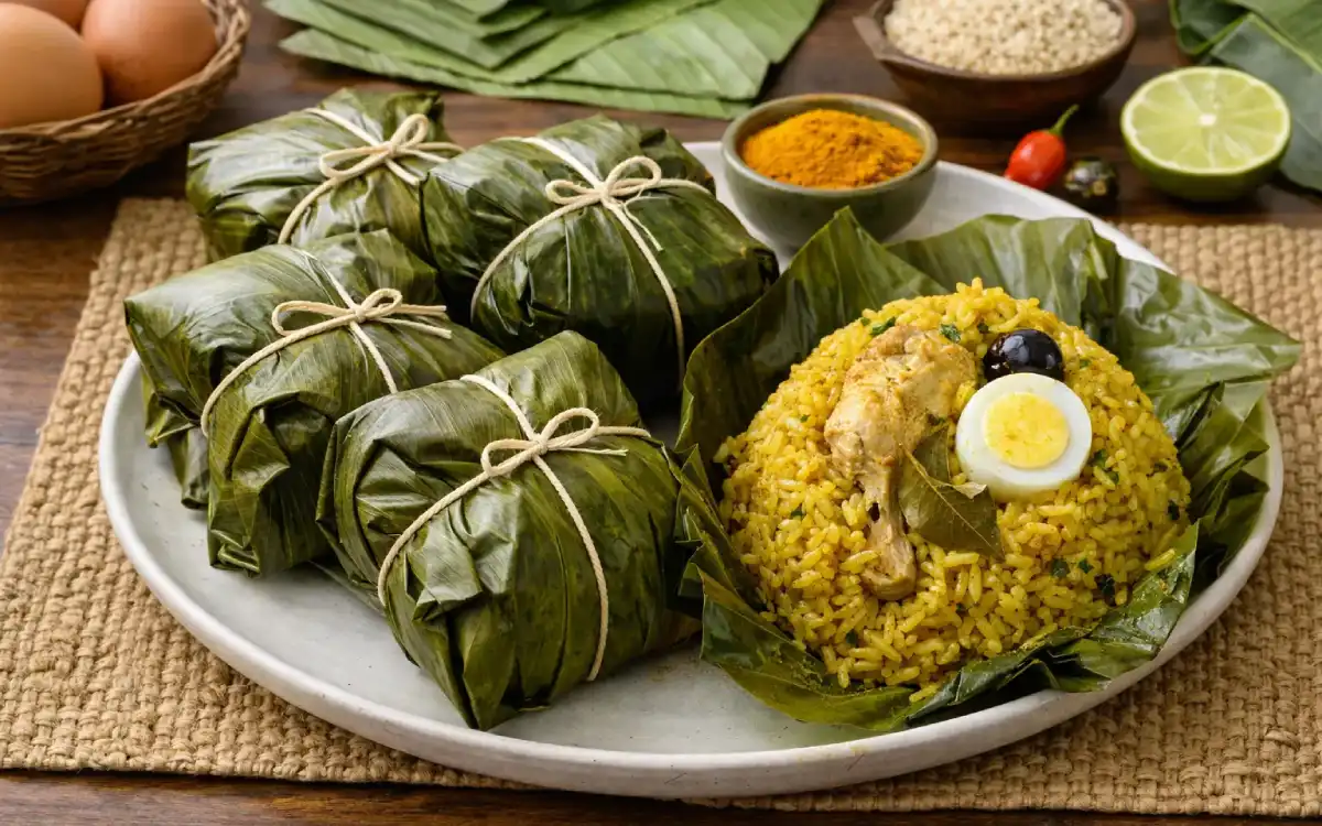 Juane amazónico tradicional servido sobre hoja de bijao, con arroz, huevo, pollo y condimentos de la selva peruana.