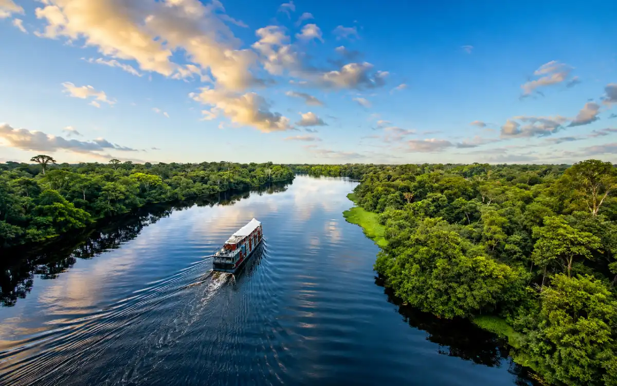Embarcación navegando por el río Amazonas entre bosques tropicales de la Amazonía peruana